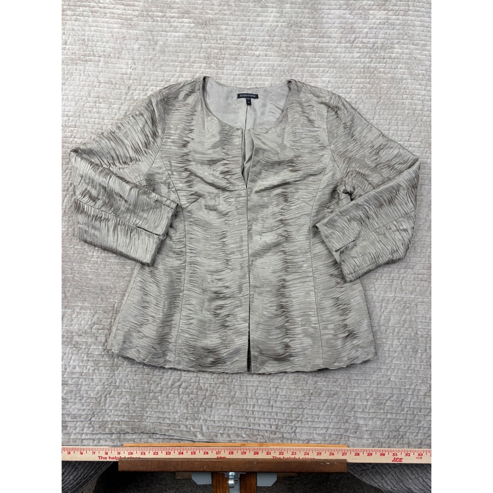Eileen Fisher Silk Crinkle Pleated Open Front Jacket Silver Grey Sz M 100% Silk‎